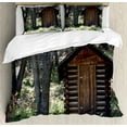 thumbnail image 1 of Outhouse Duvet Cover Set, Wooden Prehistoric Life Barn Shed in Spring Forest Leaves Lumberjack Photo, Decorative 3 Piece Bedding Set with 2 Pillow Shams, Queen Size, Dark Brown Green, by Ambesonne, 1 of 3