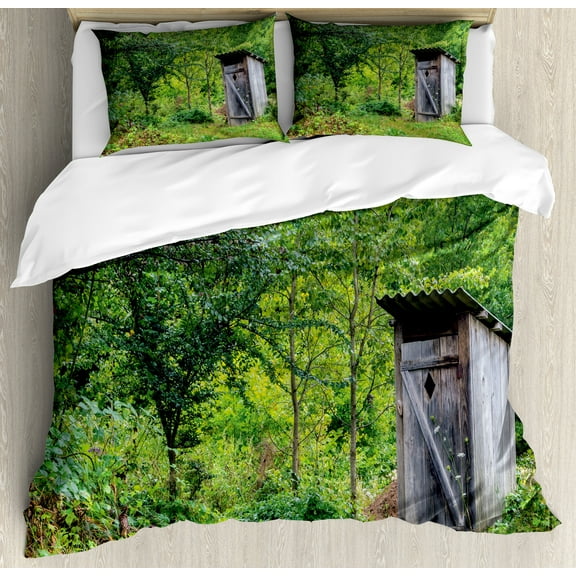 Outhouse Duvet Cover Set, Worn out Cottage Hut in Abandoned Forest Spring Time Vivid Design Image, Decorative 3 Piece Bedding Set with 2 Pillow Shams, Calking Size, Fern Green and Grey, by Ambesonne