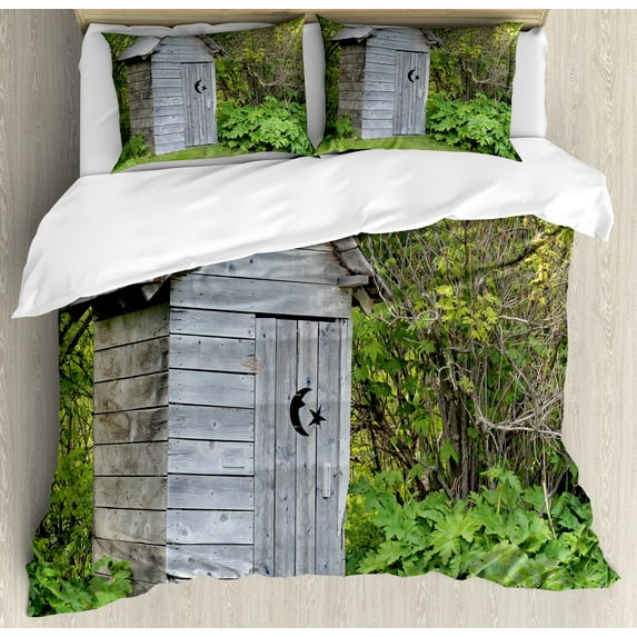 Outhouse Duvet Cover Sets, Vintage Farm Life Cottage Barn Shed in Forest Trees Leaves Picture, Bedding Set 2 Duvet Covers & 4 Pillowcases, 2 Pack Queen Size, Pale Grey and Fern Green, by Ambesonne