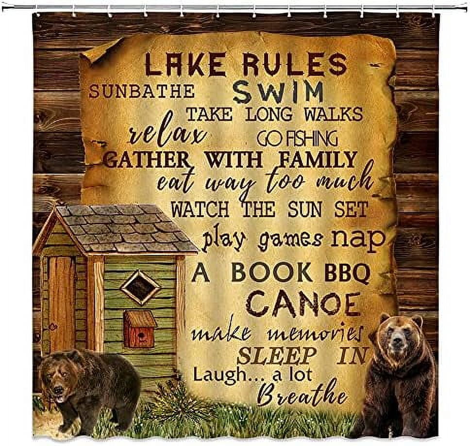 Outhouse Rules Shower Curtain Rustic Primitive Country Vintage Brown Wooden  Cabin Wild Animal Bear Grass Funny Quotes Western Fabric Bathroom Decor  Polyester Curtain with Hooks 