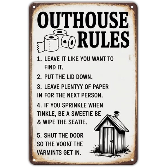 Outhouse Rules Vintage Bathroom Metal Wall Sign, 8 x 12 Inch Rustic Tin Print for Home, Garden, Porch, Bar, Bedroom, Kitchen Decor