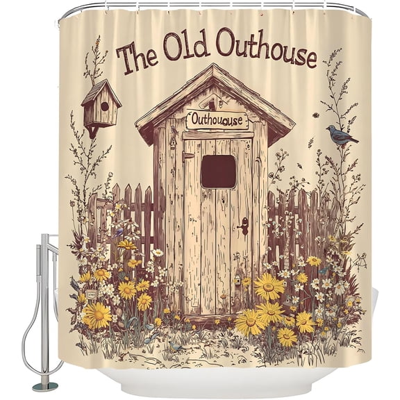 Outhouse Shower Curtain Old House Backhouse Spring Garden Floral Flower Bird Vintage Rustic Farmhouse Wooden Fence Fabric Curtain with Hook-72"W x 72"L (Pack of 1)
