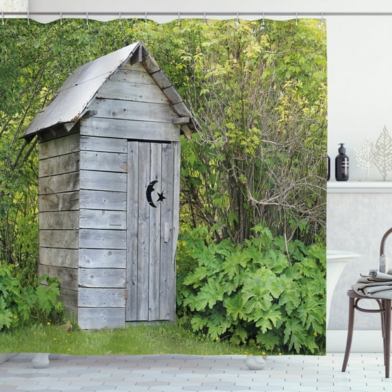 Outhouse Shower Curtain, Vintage Farm Life Cottage Barn Shed in Forest Trees Leaves Picture, Fabric Bathroom Set with Hooks, 69W X 70L Inches, Pale Grey and Fern Green, by Ambesonne