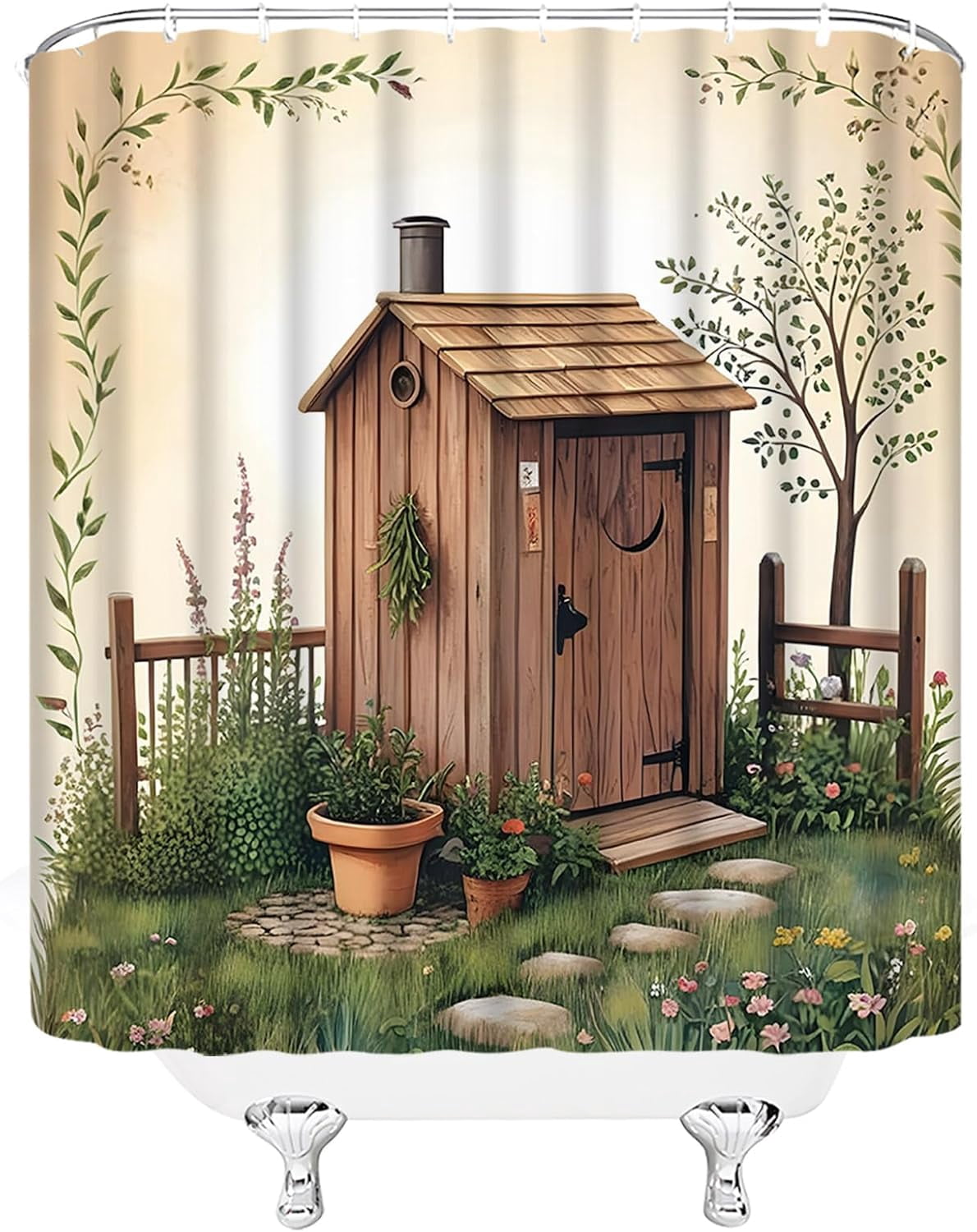 Outhouse Shower Curtain Vintage Primitive Country Backhouse Rustic Farmhouse Grass Garden Yard Fabric Bathroom Decor Sets with Hooks-72"W x 72"L (Pack of 1)