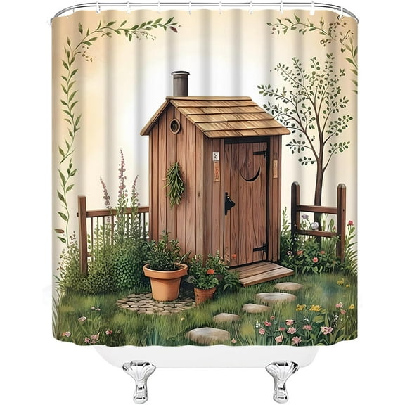 Outhouse Shower Curtain Vintage Primitive Country Backhouse Rustic Farmhouse Grass Garden Yard Fabric Bathroom Decor Sets with Hooks-72"W x 72"L (Pack of 1)