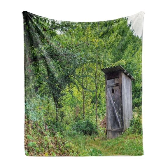 Outhouse Soft Flannel Fleece Blanket, Worn out Cottage Hut in Abandoned Forest Spring Time Vivid Design Image, Cozy Plush for Indoor and Outdoor Use, 50" x 70", Fern Green and Grey, by Ambesonne
