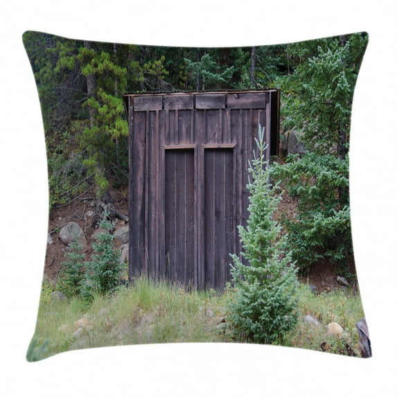 Outhouse Throw Pillow Cushion Cover, Farm Life House Wooden Door of Cottage Hut in Woodland Leaves Art Print, Decorative Square Accent Pillow Case, 24 X 24 Inches, Dark Brown and Green, by Ambesonne