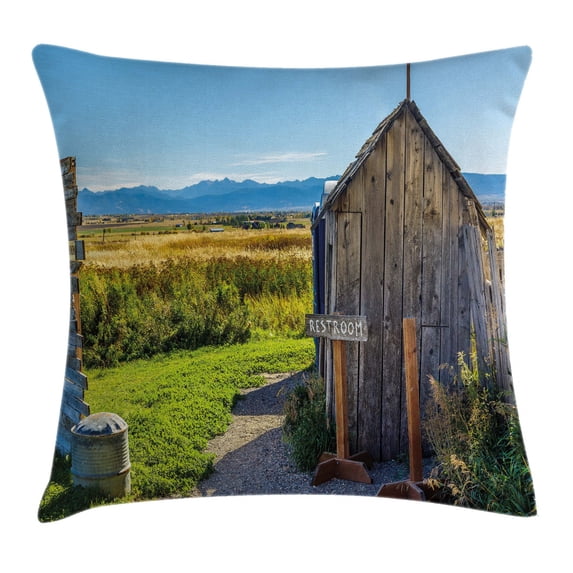 Outhouse Throw Pillow Cushion Cover, Old Rustic Wooden Cottage Barn Shed in a Farm Village Image, Decorative Square Accent Pillow Case, 18 X 18 Inches, Dark Grey Green and Sky Blue, by Ambesonne