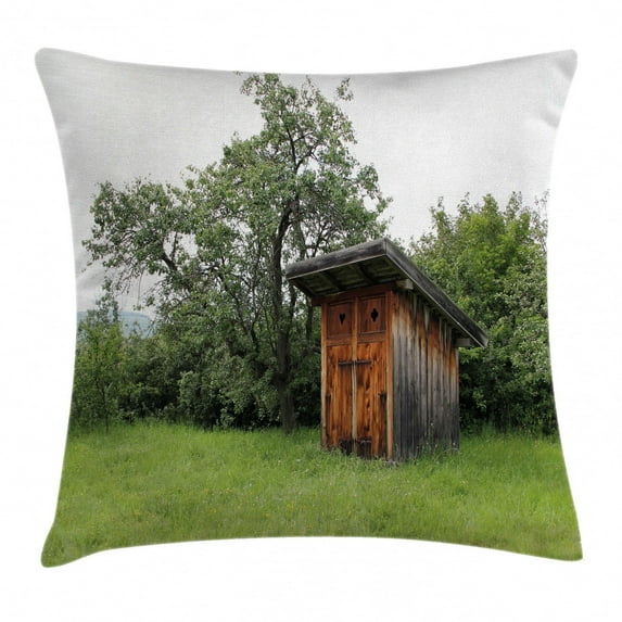 Outhouse Throw Pillow Cushion Cover, Wooden Little Hut Barn Shed Cottage in Nature Forest Image, Decorative Square Accent Pillow Case, 18 X 18 Inches, Forest Green Light Green and Brown, by Ambesonne