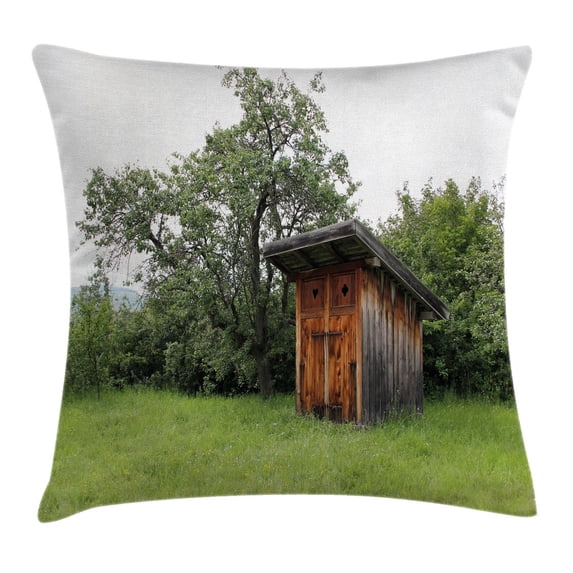 Outhouse Throw Pillow Cushion Cover, Wooden Little Hut Barn Shed Cottage in Nature Forest Image, Decorative Square Accent Pillow Case, 20 X 20 Inches, Forest Green Light Green and Brown, by Ambesonne