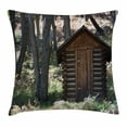 thumbnail image 1 of Outhouse Throw Pillow Cushion Cover, Wooden Primitive Life Barn Shed in Spring Forest Leaves Lumberjack Photo, Decorative Square Accent Pillow Case, 20 X 20 Inches, Dark Brown and Green, by Ambesonne, 1 of 2