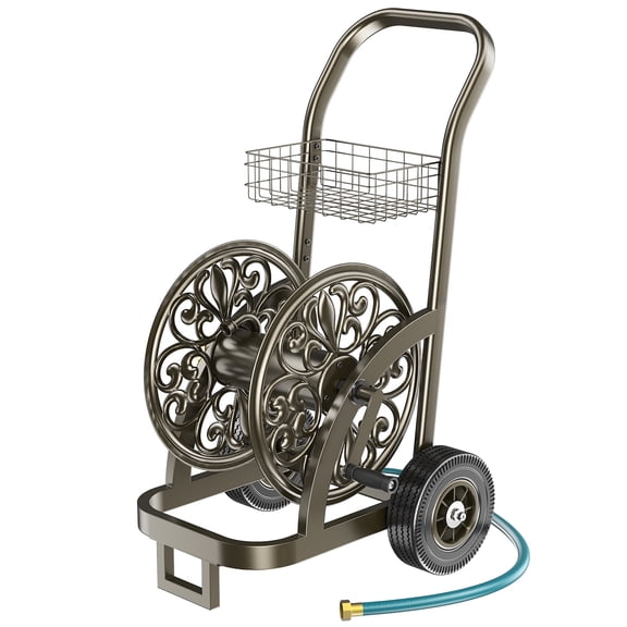 Outlandpro Hose Reel Cart Heavy Duty Powder-Coated Steel Outdoor Planting with Storage Basket
