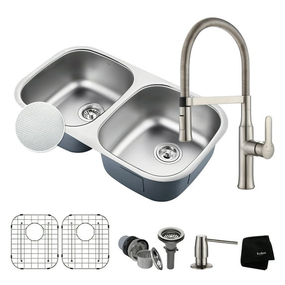 Outlast MicroShield™ Undermount Stainless Steel 32 in. 50/50 Double Bowl Real Kitchen Sink with Faucet and Soap Dispenser in Stainless Steel
