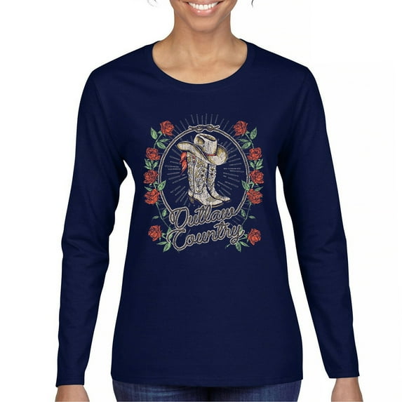 Outlaw Country Cowgirl Boots And Roses Women's Long Sleeve T-shirt Western Rodeo Floral Cowgirl Hat Vintage Southern Rustic