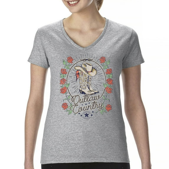 Outlaw Country Cowgirl Boots And Roses Women's V-Neck T-shirt Western Rodeo Floral Cowgirl Hat Vintage Southern Rustic Tee