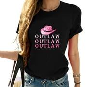 Outlaw Cowgirl Hat Pink Lover Women's Graphic Tee Short Sleeve T-Shirt with Fashion Print - Comfortable and Trendy Summer Tops for Women