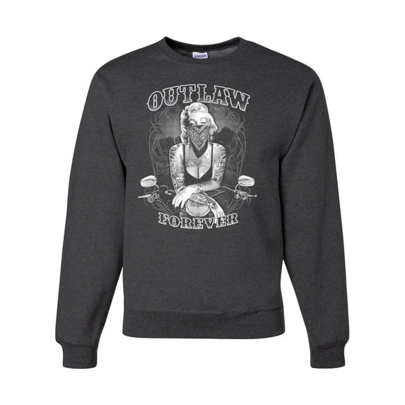 Outlaw Forever Biker Marilyn Monore | Mens Famous People Crewneck Graphic Sweatshirt, Heather Black, X-Large