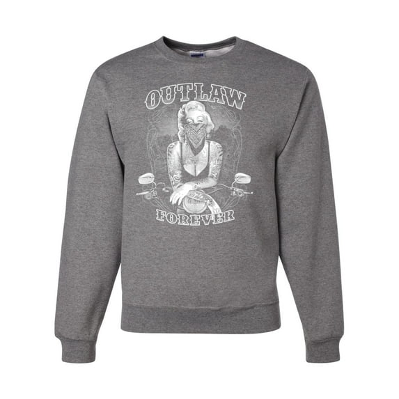 Outlaw Forever Biker Marilyn Monore | Mens Famous People Crewneck Graphic Sweatshirt, Heather Grey, Large