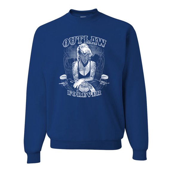 Outlaw Forever Biker Marilyn Monore | Mens Famous People Crewneck Graphic Sweatshirt, Royal, 2XL