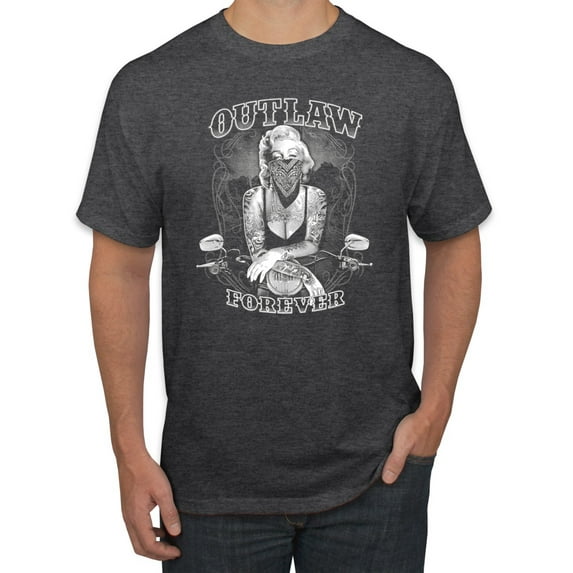 Outlaw Forever Biker Marilyn Monore | Mens Famous People Graphic T-Shirt, Heather Black, X-Large