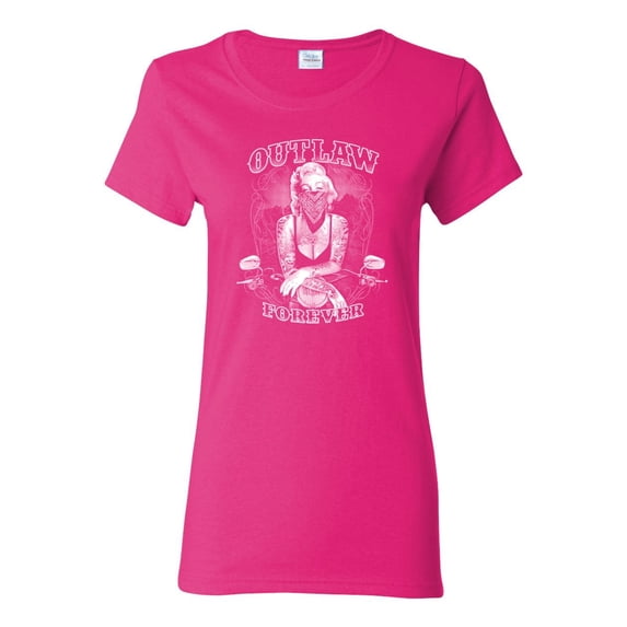 Outlaw Forever Biker Marilyn Monore | Womens Famous People Graphic T-Shirt, Fuschia, X-Large