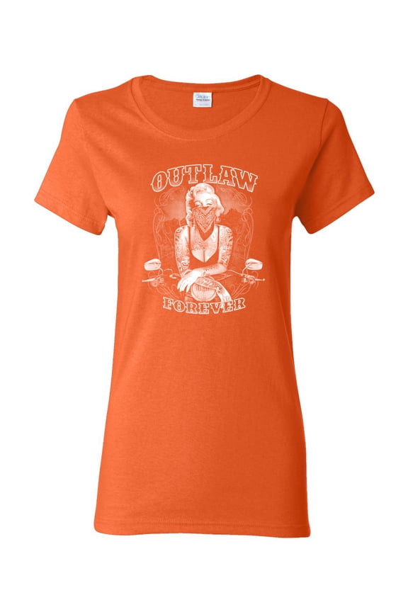 Outlaw Forever Biker Marilyn Monore | Womens Famous People Graphic T-Shirt, Orange, Medium