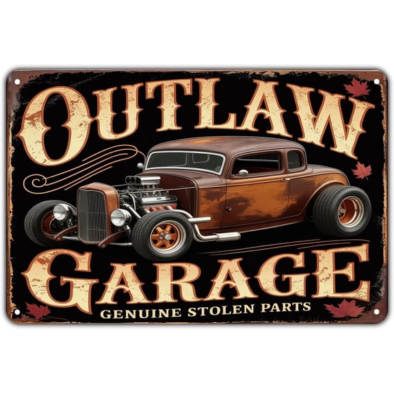 Outlaw Garage Hot Rod Car tin sign Vintage Automotive Metal Sign Print Aesthetic for Garden Yard Bar Porch Home Bedroom Kitchen Wall Decor Decor Gift 8 x 12 in