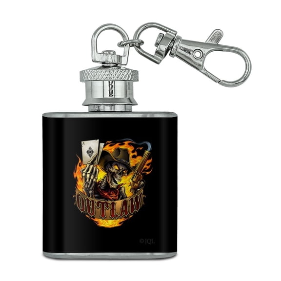 Outlaw Skeleton Card Player Cowboy Western Stainless Steel 1oz Mini Flask Key Chain