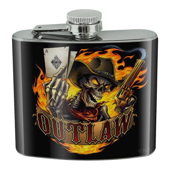 Outlaw Skeleton Card Player Cowboy Western Stainless Steel 5oz Hip Drink Kidney Flask