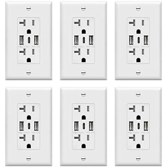 Outlet, 3-Port Type C  Wall Outlet, 20 Amp Tamper-Resistant Receptacle Plug, 20A  Power Outlet with  Ports, , TU22036AC3-6PCS, White, 6
