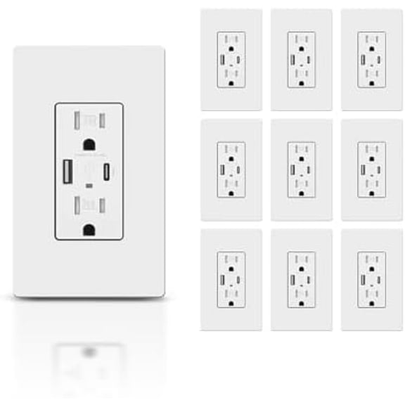 Outlet, 4.8A   Wall Outlet, Electrical Power Outlets with  Type A & C Ports, 15 Amp TR Receptacle, Screwless Wall Plate Include, ETL Listed, 10 , White
