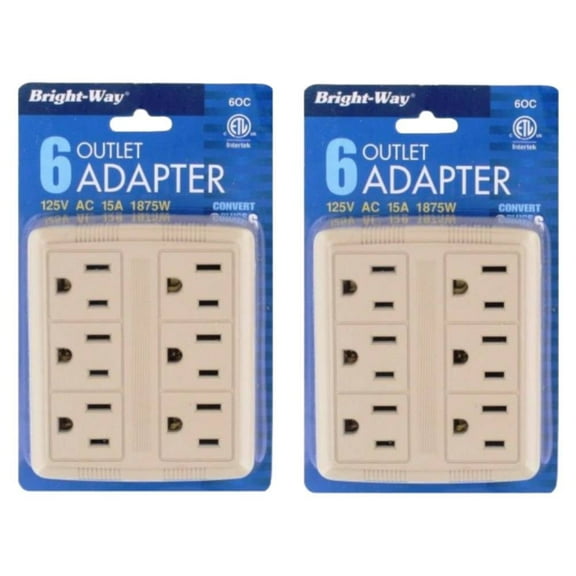 Outlet Adapter Wall Tap 6 Outlets Extension for Plugs Bright-Way BW-60C, 2-Pack