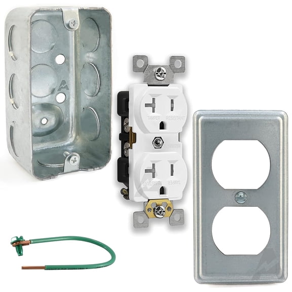 Outlet Box Kit, 2x4'' Utility Electrical Box, Duplex Receptacle 2x4'' Cover, Tamper 20 Amp Duplex Receptacle Outlet, Green Pigtail Grounding Wire and , Ten 1/2'' Knockouts