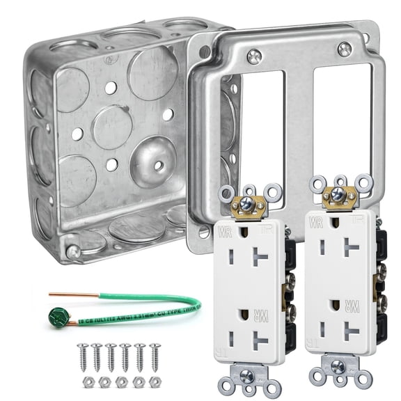 Outlet Box Kit, 4x4 Inch Square Galvanized Steel Electrical Box, 20 Amp 125V Tamper & Weather Resistant, 21.0 Cu In Capacity, 10 Knockouts, Duplex Receptacle Exposed Cover, Matching Screws Included