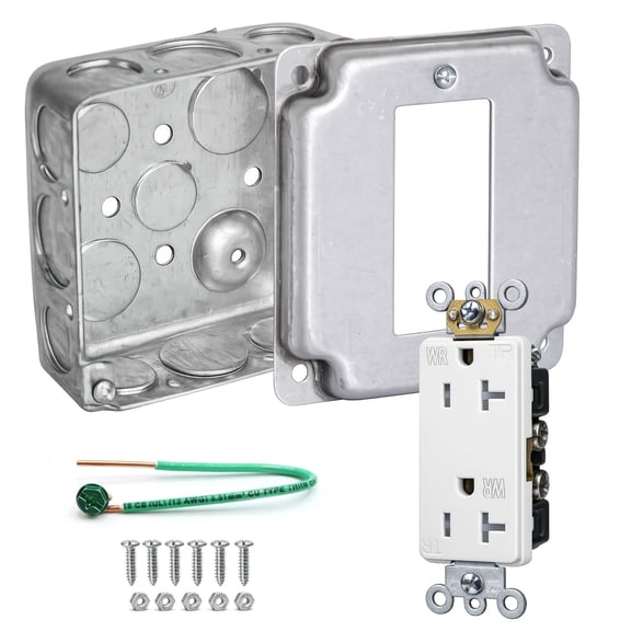 Outlet Box Kit, 4x4 Inch Square Galvanized Steel Electrical Box, 20 Amp 125V Tamper & Weather Resistant, 21.0 Cu In Capacity, 10 Knockouts, Rocker Switch Exposed Work Cover, Matching Screws Included