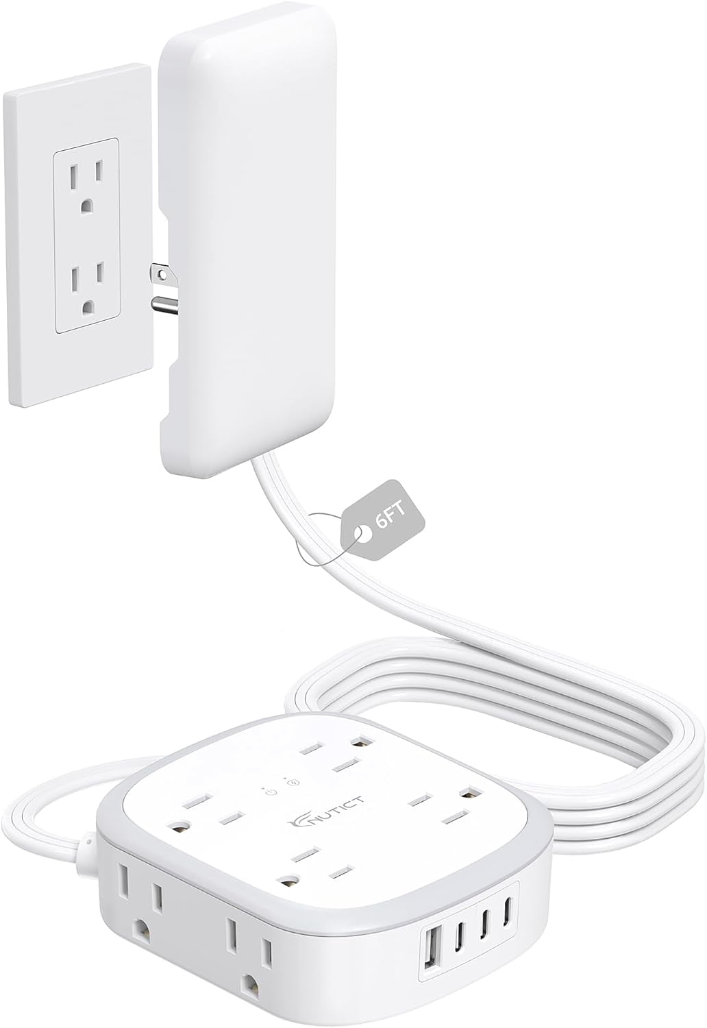 Outlet Cover Extension Cord Flat 6ft, Flat Plug Power Strip with 8 Outlets & 3 USB-C & 1 USB-A Port, 13A/1625W, 1440J Surge Protector, Indoor 3 Prong Flat Wall Plug for Tight Spaces, White
