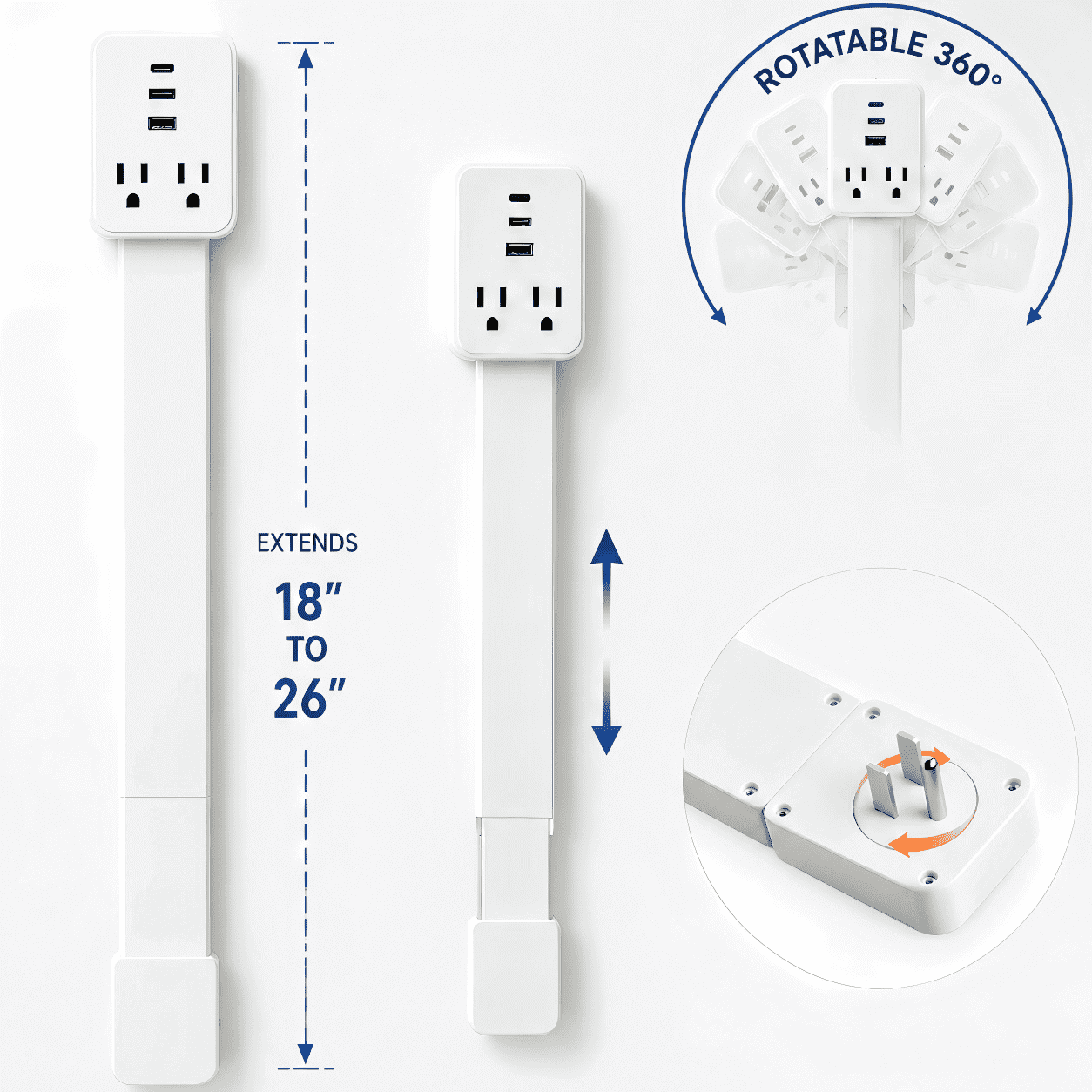 DTIRD Outlet Extender Stick, Access Hard-to-Reach Outlets, Ultra-Slim 18"-26" Adjustable Power Strip with USB-C, 2 USB-A & 2 AC, 360° Rotating Plug for Behind Couch, Bed, Nightstand & Desk