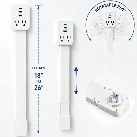 DTIRD Outlet Extender Stick, Access Hard-to-Reach Outlets, Ultra-Slim 18"-26" Adjustable Power Strip with USB-C, 2 USB-A & 2 AC, 360 Rotating Plug for Behind Couch, Bed, Nightstand & Desk
