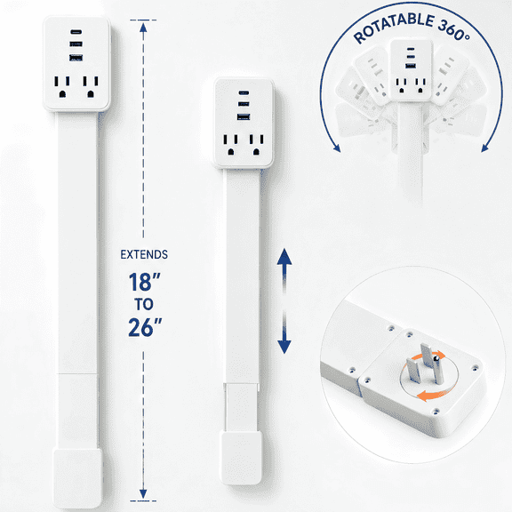 DTIRD Outlet Extender Stick, Access Hard-to-Reach Outlets, Ultra-Slim 18"-26" Adjustable Power Strip with USB-C, 2 USB-A & 2 AC, 360° Rotating Plug for Behind Couch, Bed, Nightstand & Desk