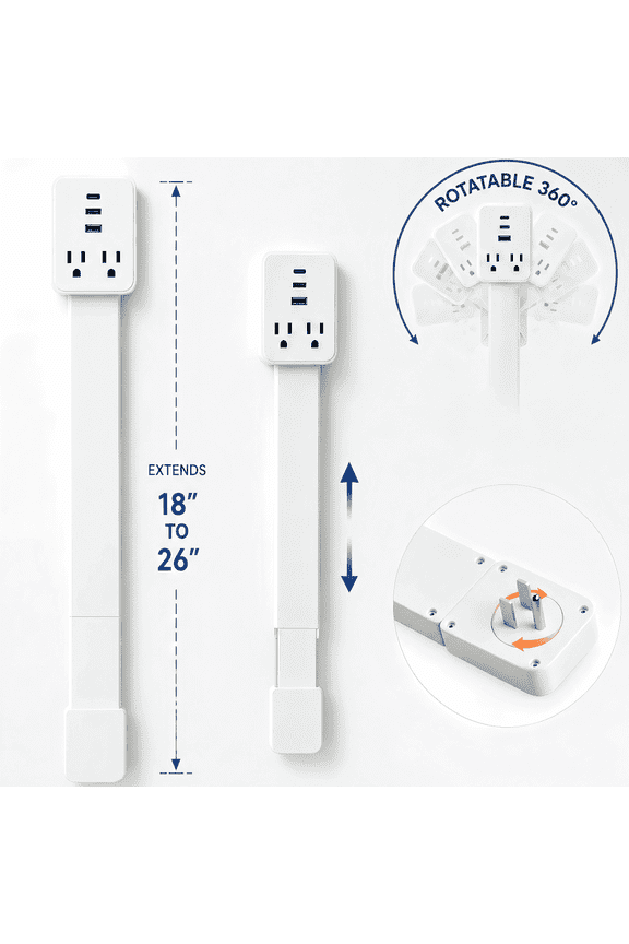 Outlet Extender Stick, Access Hard-to-Reach Outlets, Ultra-Slim 18"-26" Adjustable Power Strip with USB-C, 2 USB-A & 2 AC, 360 Rotating Plug for Behind Couch, Bed, Nightstand & Desk