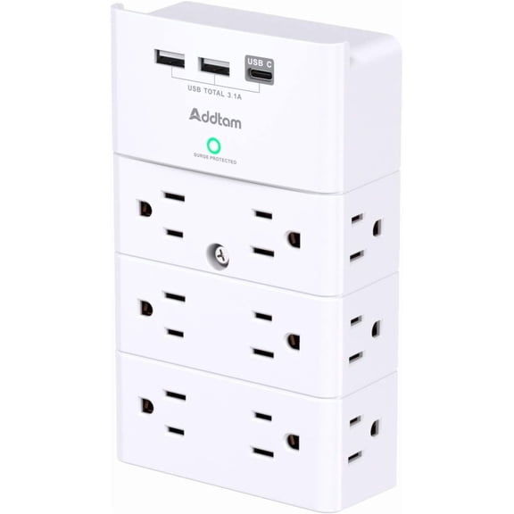 Outlet Extender with 12 AC Outlets and 3 USB Ports (1 USB-C), White | Multi Plug Wall Outlet, Sur Protector Wall Mount for Home Office Dorm Room Essentials