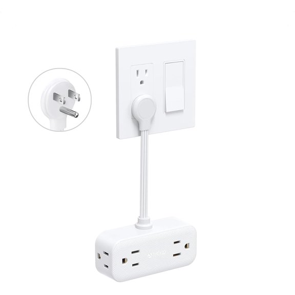 Outlet Extender with 6 Inch Cord, Flat Plug Adapter with 4 Electrical Sockets and 4 USB Ports, Wall Mountable, Multi Plug Wall Outlet for Home Office Travel, Cruise Ship Essentials, White
