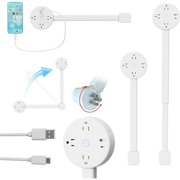 Outlet Extender Features USB-A, USB-C, and 2 AC Electrical Outlet Extender Stick for Hard to Reach Spaces Extends 22"-27", Rotates 180°. Use Behind Couches, Nightstands, Desks, and More