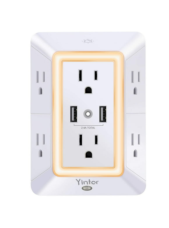 Outlet Extender with Night Light, 6 Outlet Surge Protector Power Strip with 2 USB Ports, Yintar  3 Sided Multi Plug Outlet Splitter for Home, Office, ETL Listed