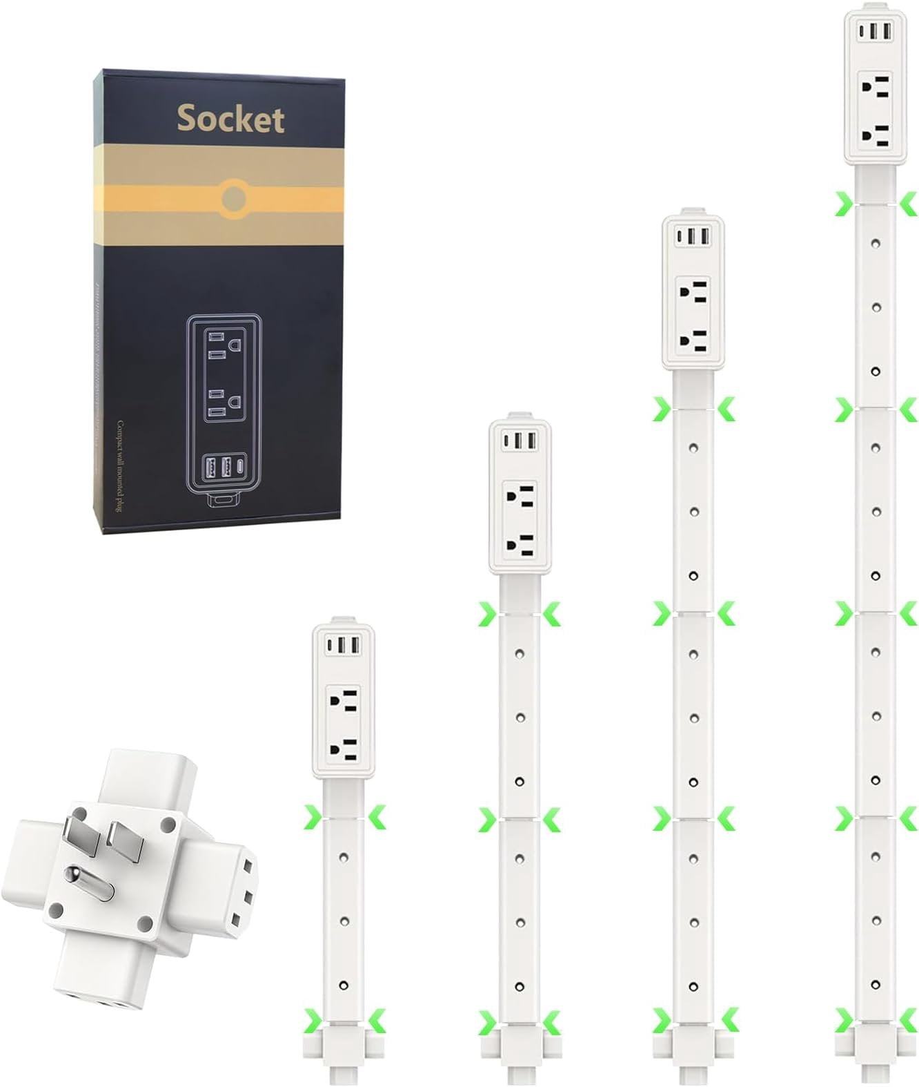 Outlet Extender Stick 9"-45" Adjustable, Wall Power Extension Electrical with USB-C, 2 USB-A & 2 AC Outlets, 360? Rotating Plug Extender for Behind Bed, Nightstand, Couch