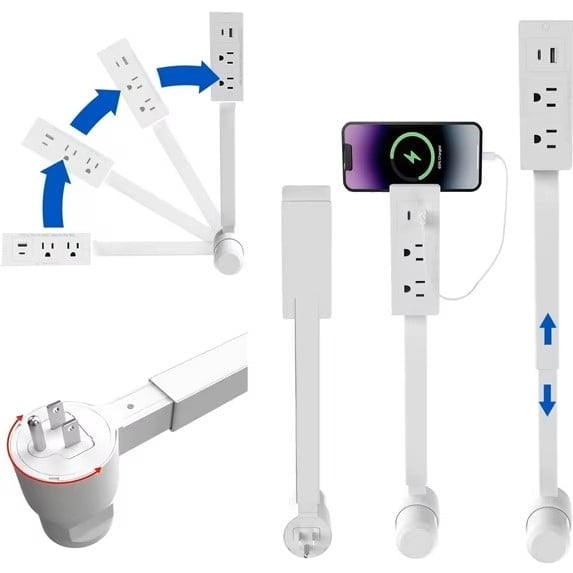 Outlet Extender Stick, Extendable Outlet, Rotating Outlet Extender, Electrical Outlet Extender Stick, Extended And Rotating Outlet with USB-A, USB-C, and 2 AC Outlets