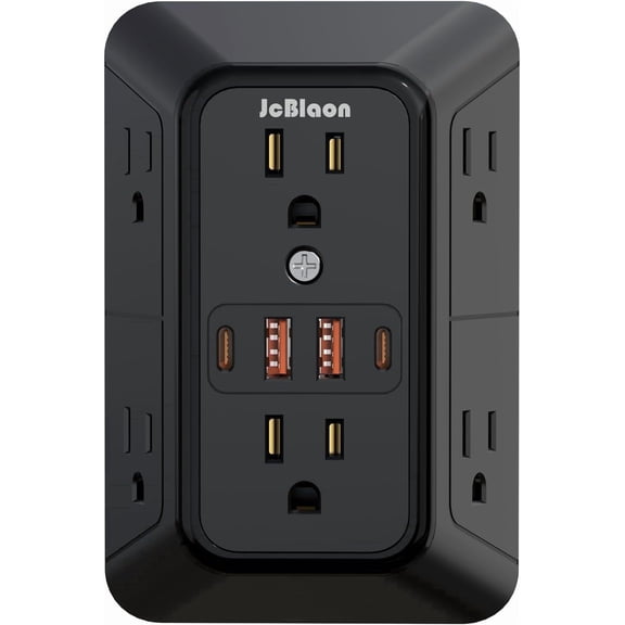 JcBlaon SE660-BLACK 6 Outlet Surge Protector 4 USB Ports (2 USB C) with Accessories Included