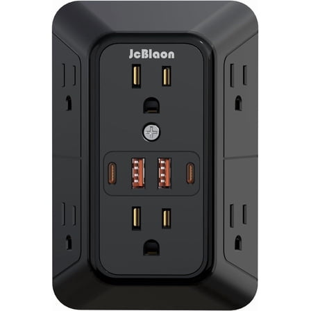 Outlet Extender Surge Protector - 6 Outlet Splitter with 4 USB Ports (2 USB C), Multiple Plug Expander Wall Charger, 3 Sided Multi Plug Wall Adapter Power Strip for Home Office Kitchen Travel Black