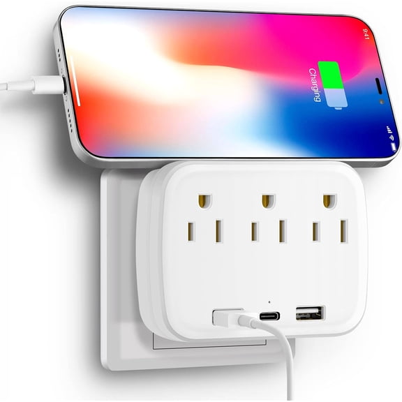 Outlet Extender Surge Protector - with Rotating Plug, 3 AC Multi Plug and 3 USB Ports (1 C), 1800 Joules, Power Strip Spaced Splitter for Home, Office, Travel