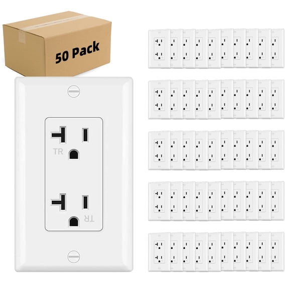Outlet Socket, Decorator Recta, 20 Amp 125 Volt, Tamper Restant, Grounding UL Lted White with Wall Plates 50pack (20A)
